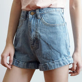 Cuffed Denim High Waist Shorts